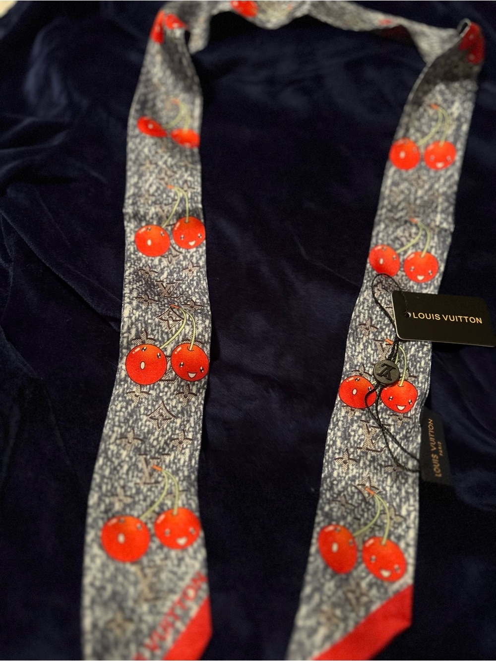 Louis Vuitton Red Cherry Print100% Silk Twilly Scarf simply gorgeous!